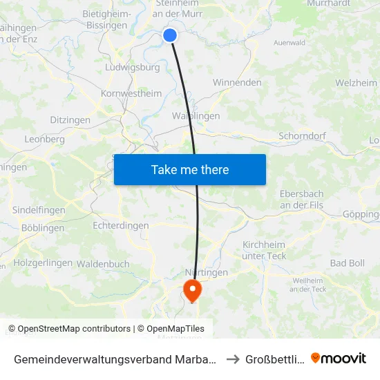 Gemeindeverwaltungsverband Marbach am Neckar to Großbettlingen map