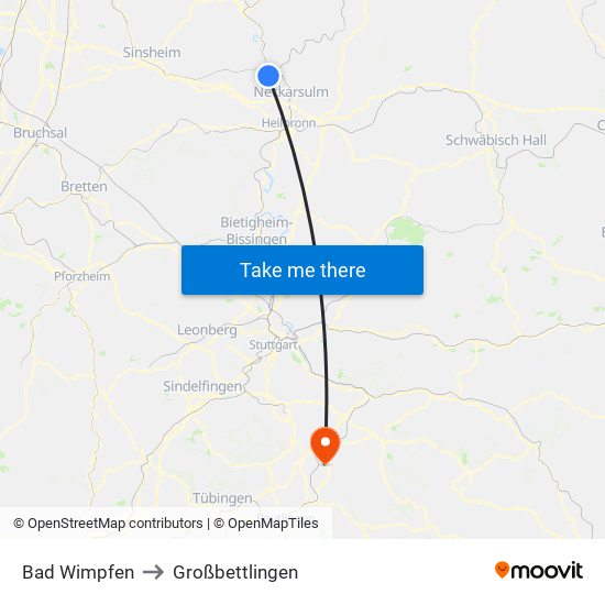 Bad Wimpfen to Großbettlingen map