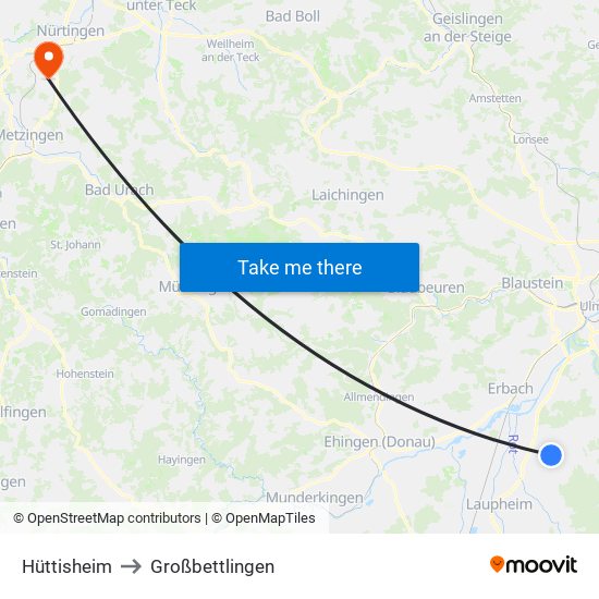 Hüttisheim to Großbettlingen map