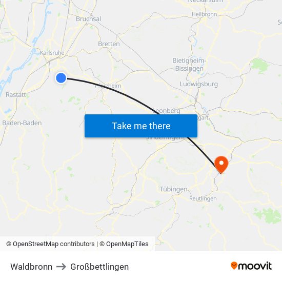 Waldbronn to Großbettlingen map