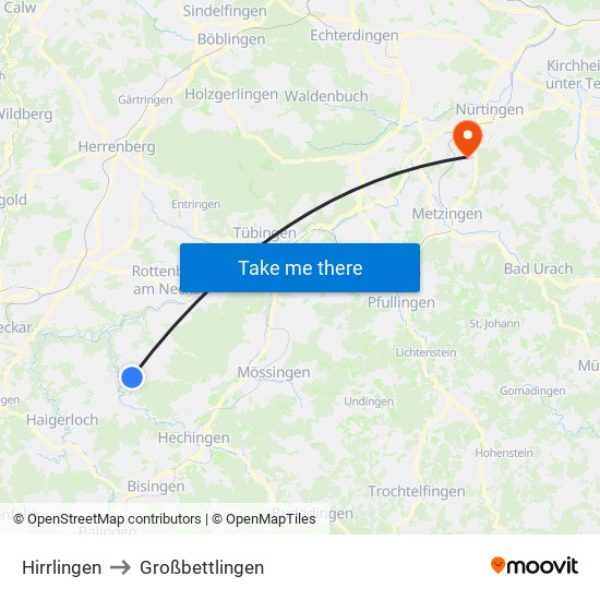 Hirrlingen to Großbettlingen map