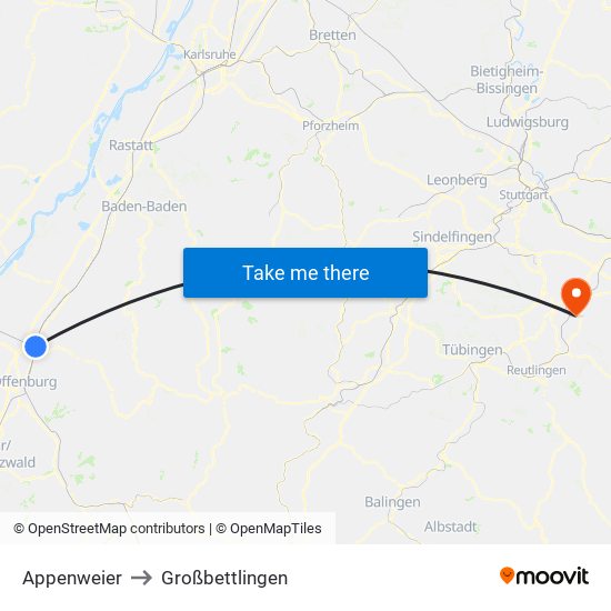 Appenweier to Großbettlingen map