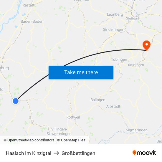 Haslach Im Kinzigtal to Großbettlingen map