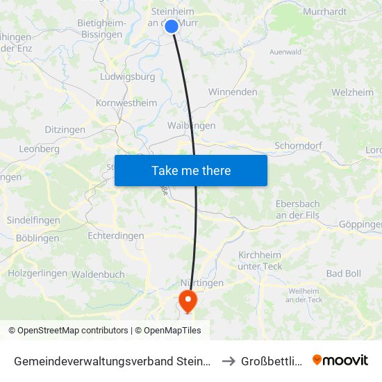 Gemeindeverwaltungsverband Steinheim-Murr to Großbettlingen map
