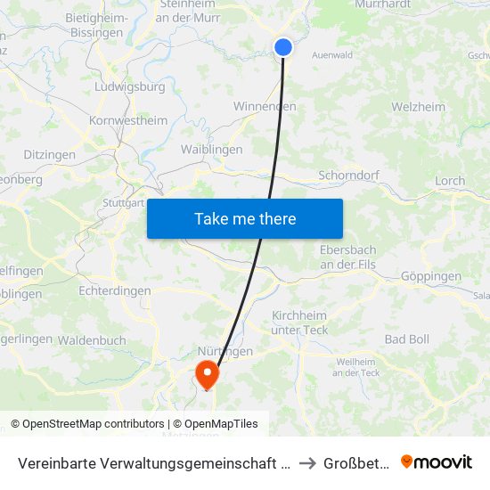 Vereinbarte Verwaltungsgemeinschaft Der Stadt Backnang to Großbettlingen map