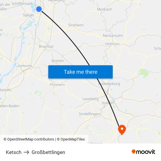 Ketsch to Großbettlingen map