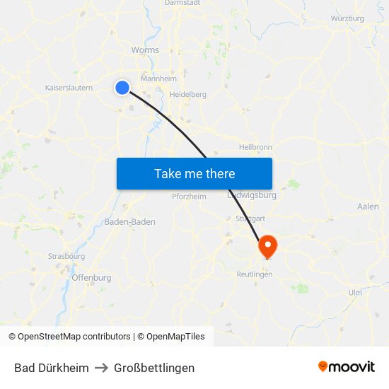 Bad Dürkheim to Großbettlingen map