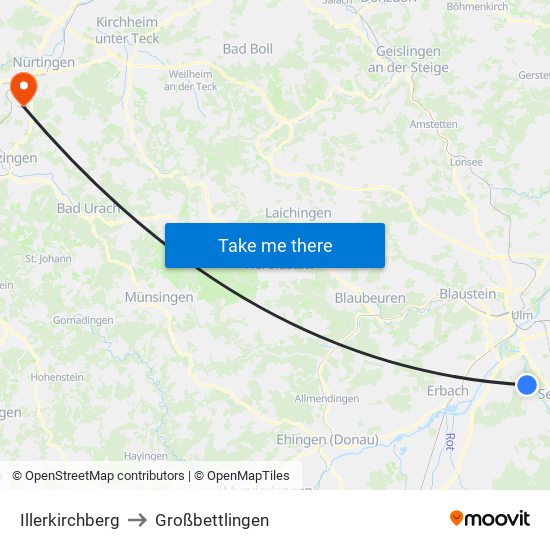 Illerkirchberg to Großbettlingen map