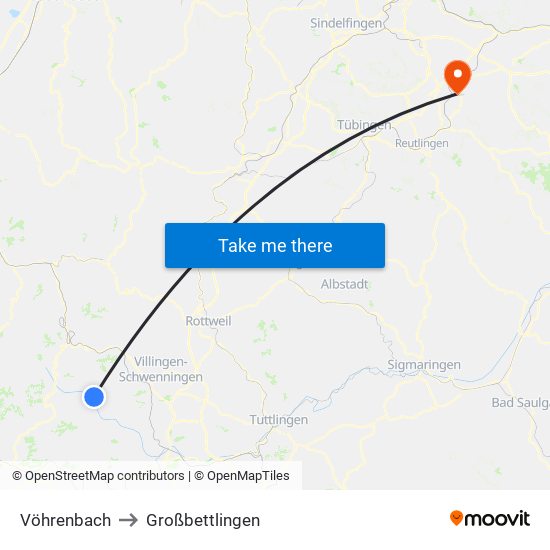 Vöhrenbach to Großbettlingen map