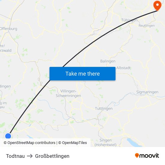 Todtnau to Großbettlingen map