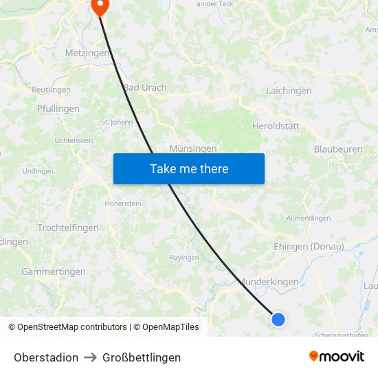 Oberstadion to Großbettlingen map