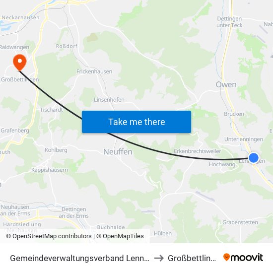 Gemeindeverwaltungsverband Lenningen to Großbettlingen map