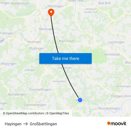 Hayingen to Großbettlingen map