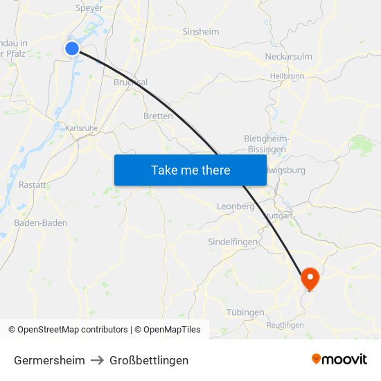 Germersheim to Großbettlingen map