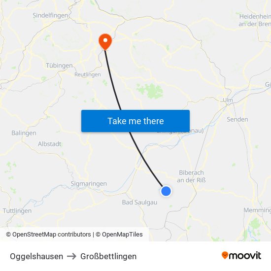 Oggelshausen to Großbettlingen map