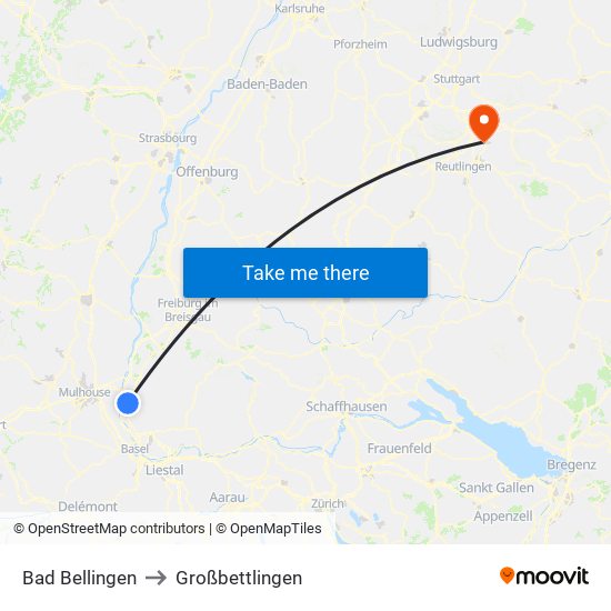 Bad Bellingen to Großbettlingen map