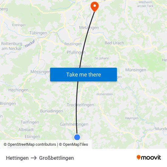 Hettingen to Großbettlingen map