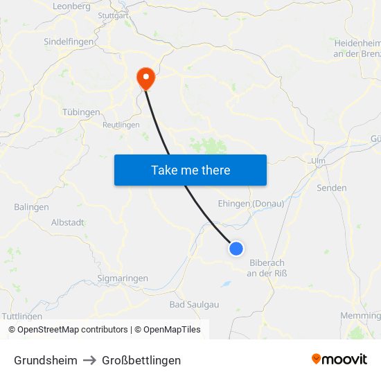 Grundsheim to Großbettlingen map