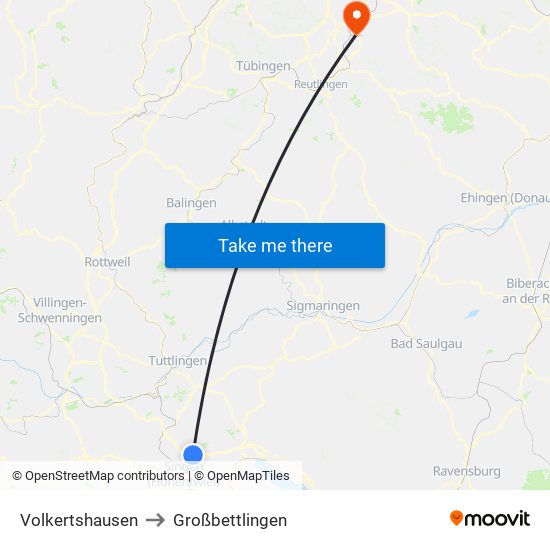 Volkertshausen to Großbettlingen map