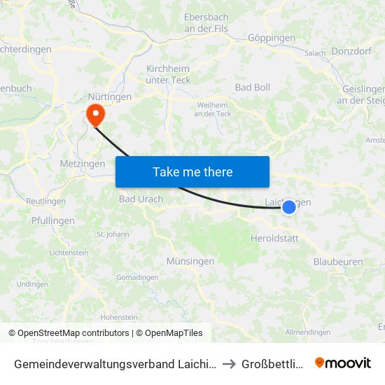 Gemeindeverwaltungsverband Laichinger Alb to Großbettlingen map