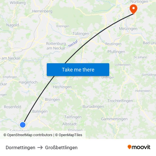 Dormettingen to Großbettlingen map