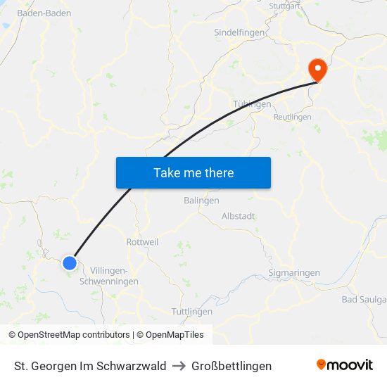 St. Georgen Im Schwarzwald to Großbettlingen map