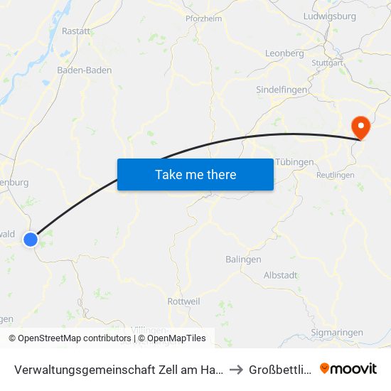 Verwaltungsgemeinschaft Zell am Harmersbach to Großbettlingen map