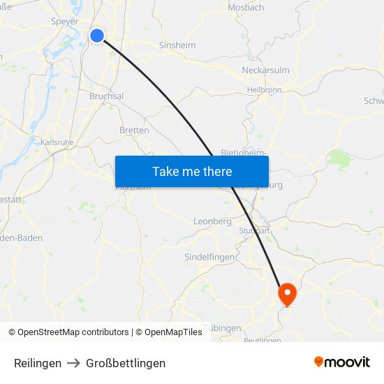 Reilingen to Großbettlingen map