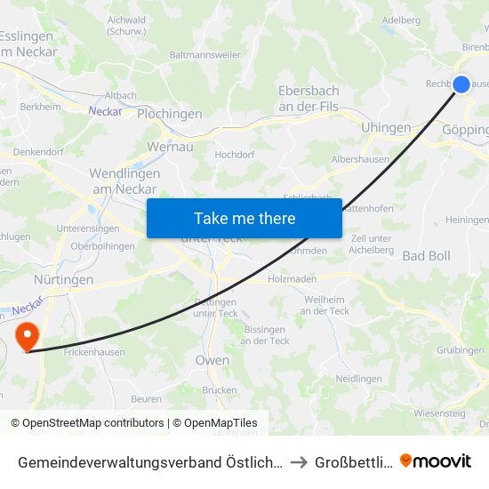 Gemeindeverwaltungsverband Östlicher Schurwald to Großbettlingen map