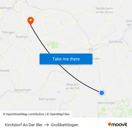 Kirchdorf An Der Iller to Großbettlingen map