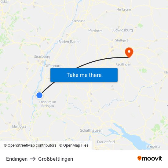 Endingen to Großbettlingen map