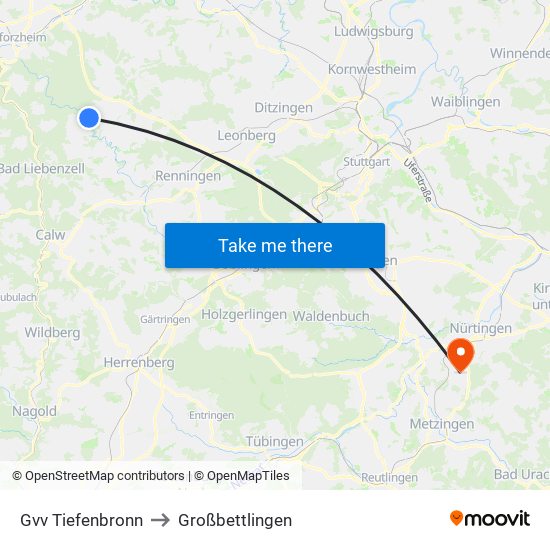 Gvv Tiefenbronn to Großbettlingen map