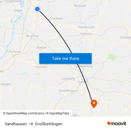 Sandhausen to Großbettlingen map