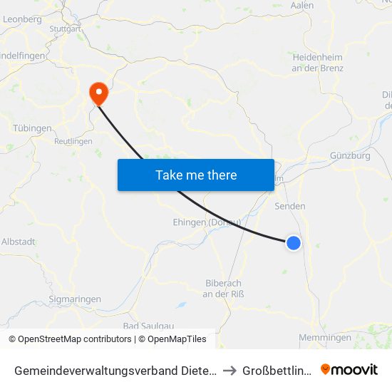 Gemeindeverwaltungsverband Dietenheim to Großbettlingen map