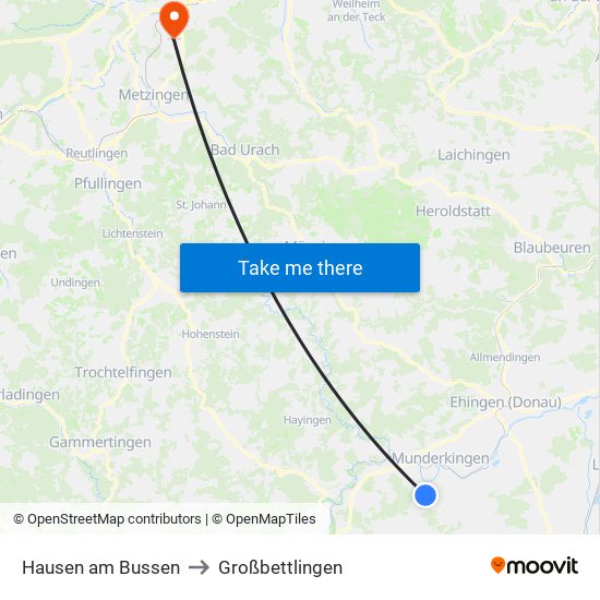 Hausen am Bussen to Großbettlingen map