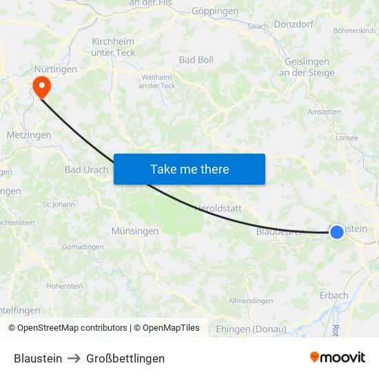 Blaustein to Großbettlingen map