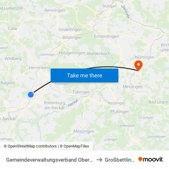 Gemeindeverwaltungsverband Oberes Gäu to Großbettlingen map