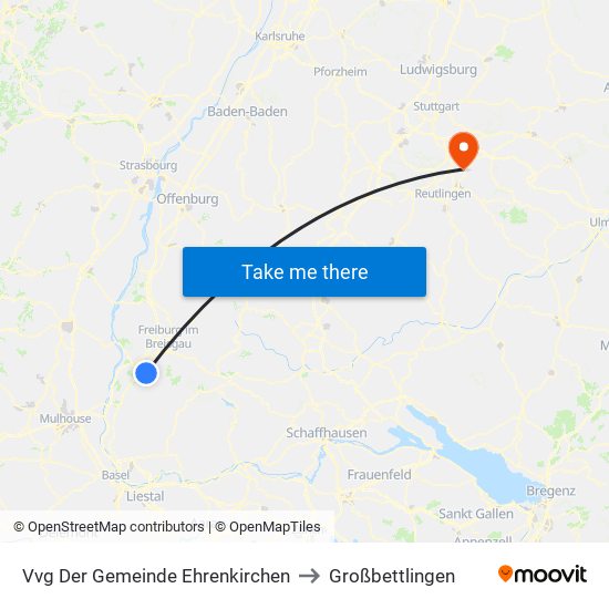 Vvg Der Gemeinde Ehrenkirchen to Großbettlingen map