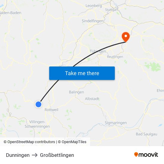 Dunningen to Großbettlingen map