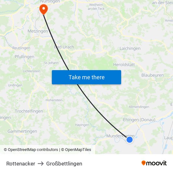 Rottenacker to Großbettlingen map