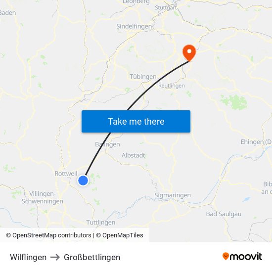 Wilflingen to Großbettlingen map