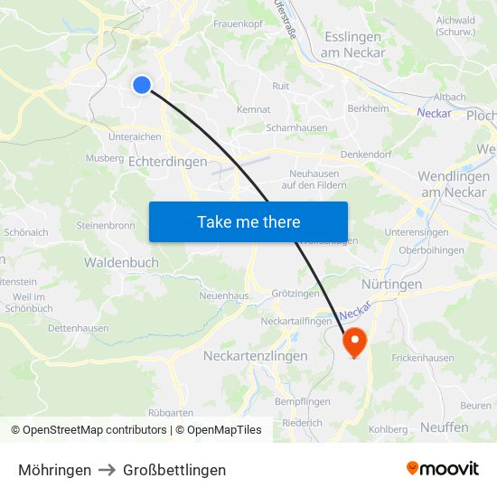 Möhringen to Großbettlingen map