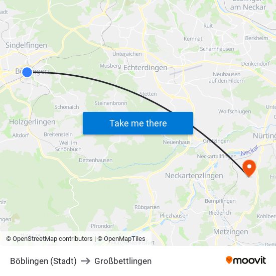 Böblingen (Stadt) to Großbettlingen map