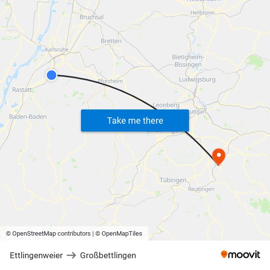 Ettlingenweier to Großbettlingen map