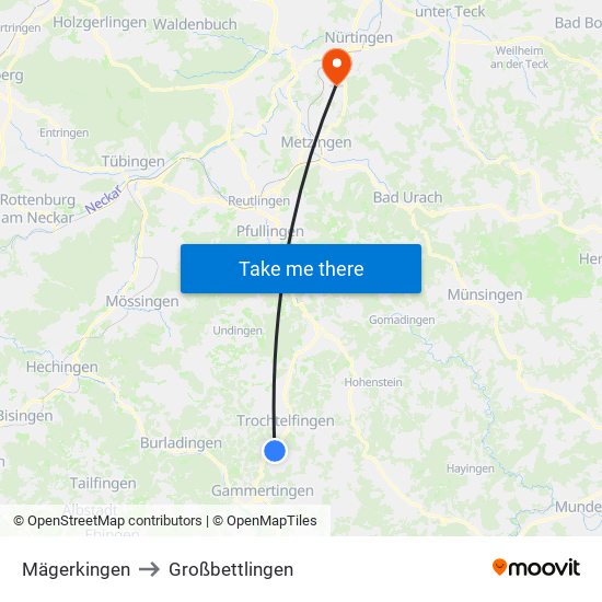 Mägerkingen to Großbettlingen map
