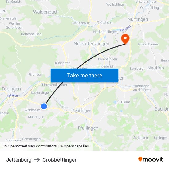 Jettenburg to Großbettlingen map