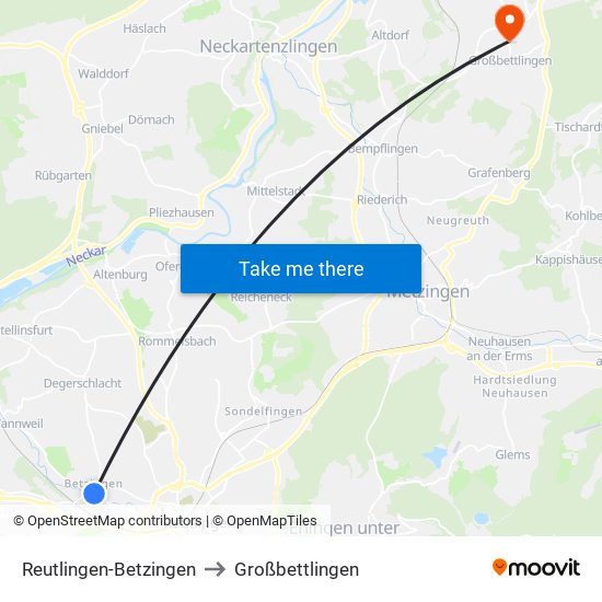 Reutlingen-Betzingen to Großbettlingen map