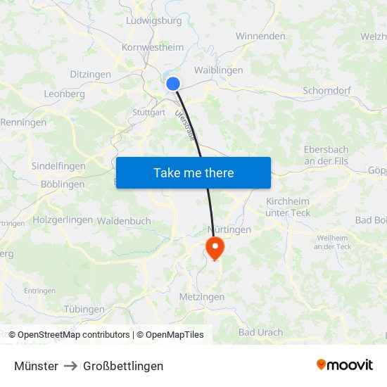 Münster to Großbettlingen map