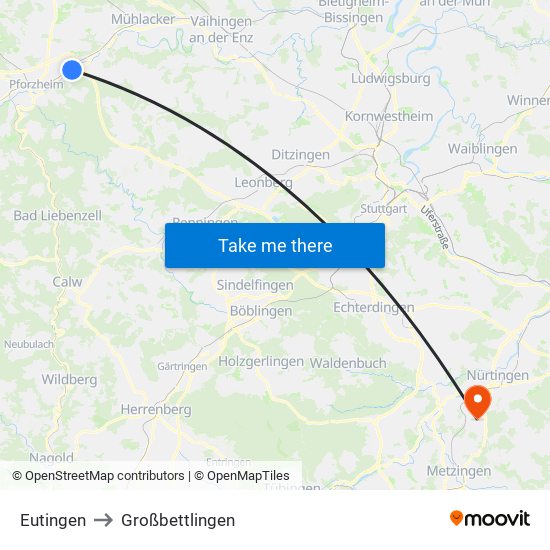 Eutingen to Großbettlingen map