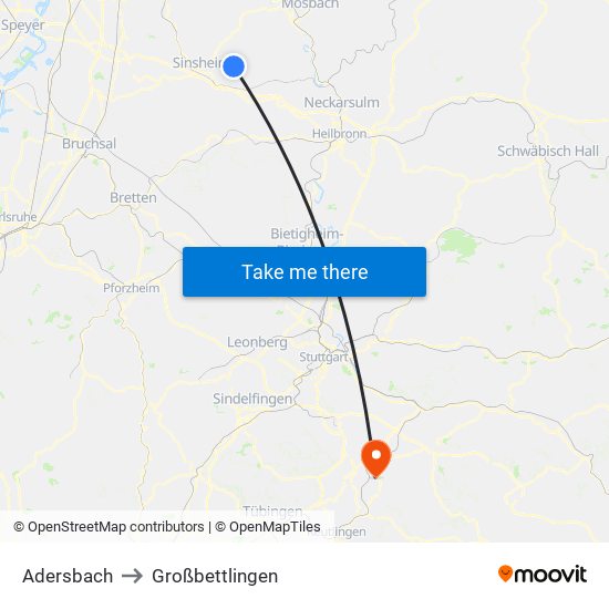 Adersbach to Großbettlingen map